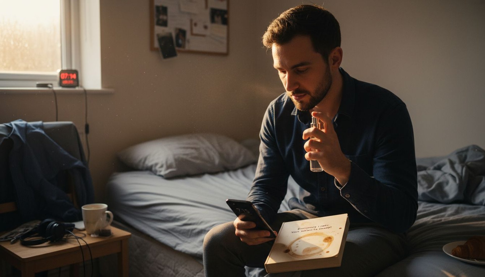 Man applies fragrance at messy bedside