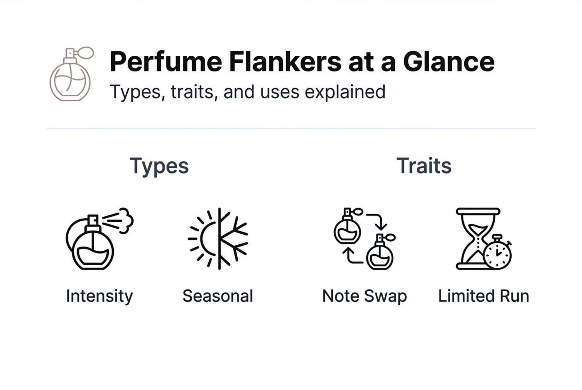 Infographic summarizing perfume flanker types and uses
