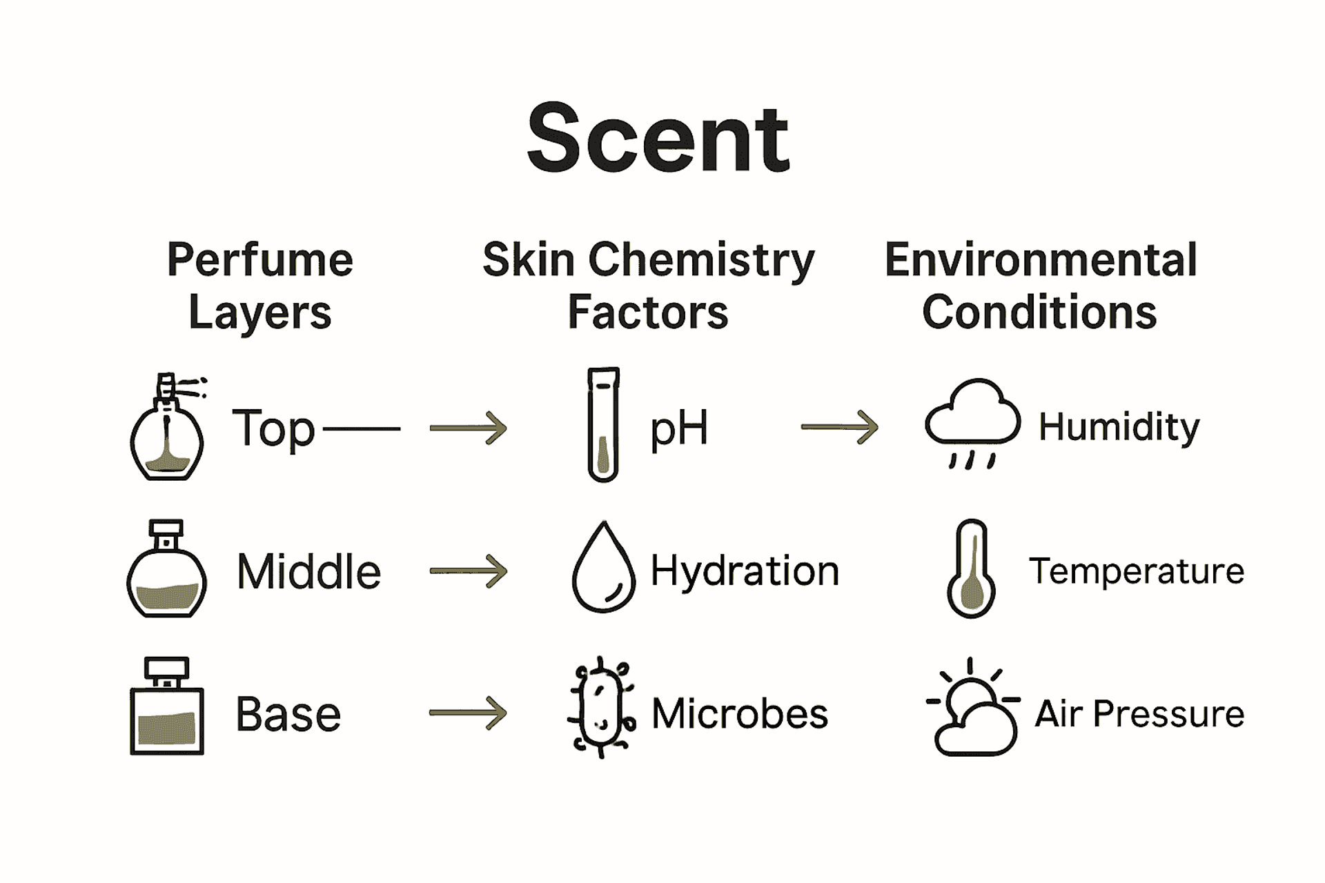 比较香水层次、皮肤化学因素和环境影响的信息图表。