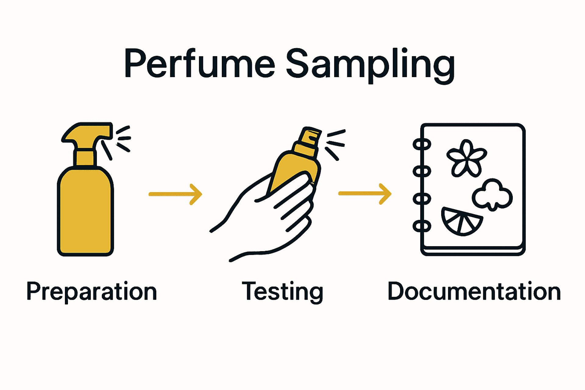 Infographic showing environment preparation, perfume testing, and documentation steps.